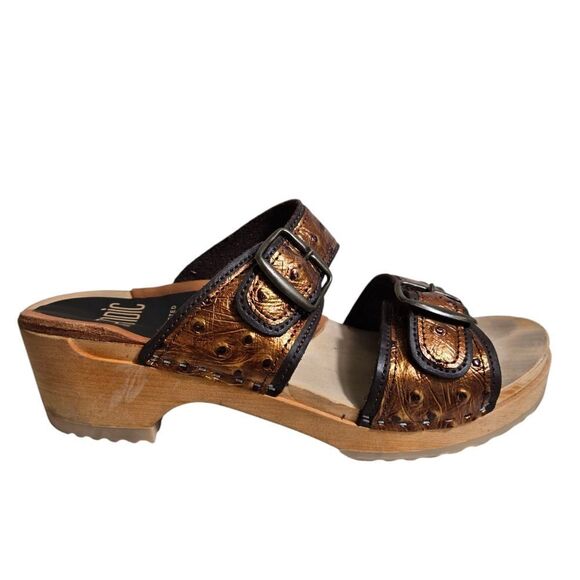 Scandic Clog Style Women's Bronze Wooden Leather Sandals - Picture 1 of 9